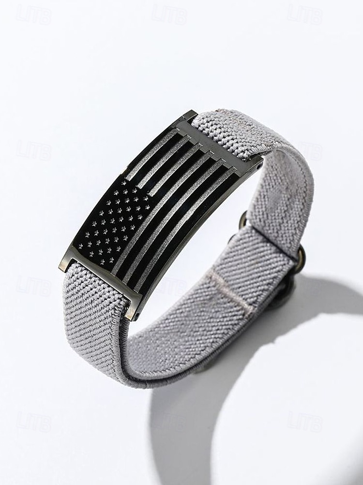 Pulsera ajustable con bandera estadounidense para hombre: correa de nailon elástica con placa de acero inoxidable, pulsera de estilo patriótico para el Día de la Independencia, veteranos y ropa informal diaria. 2025 - $14.99 –P6