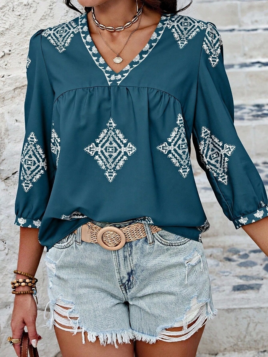 Mulheres Blusa Geométrica Boêmia Casual Manga 3/4 Manga Princesa Decote V Tops regulares Diário Imprimir Rosa Azul Marinha Roxo Verde Verão Primavera de 2025 por $22.99 –P7