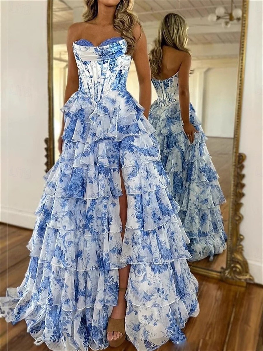 Robe de quinceanera en A robe de corset robe de mariage robe d'invitée longueur de sol sans manches sans bretelles tulle sans dos avec imprimé floral de 2025 ? $189.99 –P1