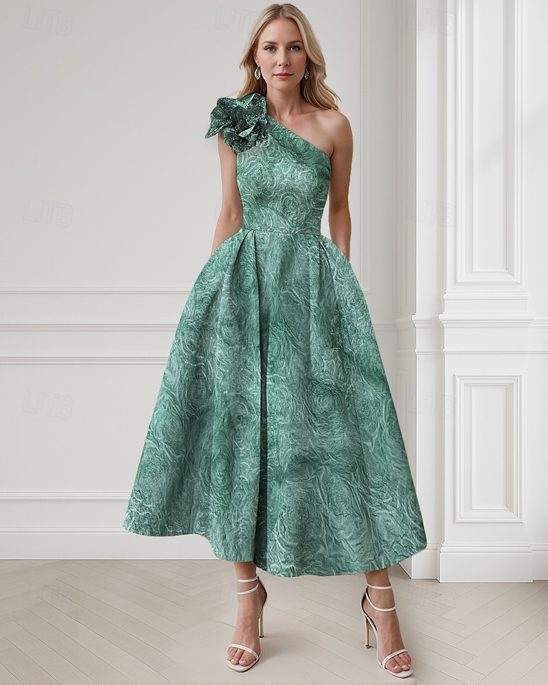 Jacquard Groen Blauw A-Lijn Cocktailjurk Elegante Jurk Formele Bruiloft Gast Enkellengte Mouwloos Één Schouder Nylon met Zak Schouderbloem Bruiloft Gast Jurk 2025 - $138.99 –P1
