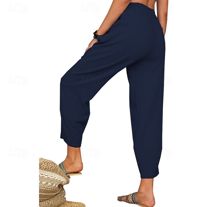 Per donna Pantaloni in cotone e lino Pantaloni Eleganti Streetwear Casual Lunghezza intera Naturale Semplice Tasca Elastico in vita Comodo Confortevole Uscire Weekend Vinaccia Grigio Nero Bianco del 2025 a $24.99 –P18