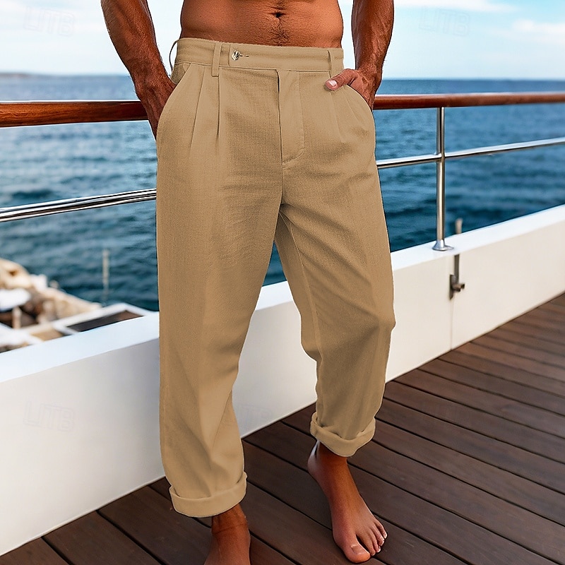 Herr Linne Byxor Långbyxor Sommarbyxor Strandbyxor Ficka Slät Komfort Andningsfunktion Semester Dagligen Helgdag Hawaiisk Boho gurkmeja Svart 2025 - $22.99 –P4