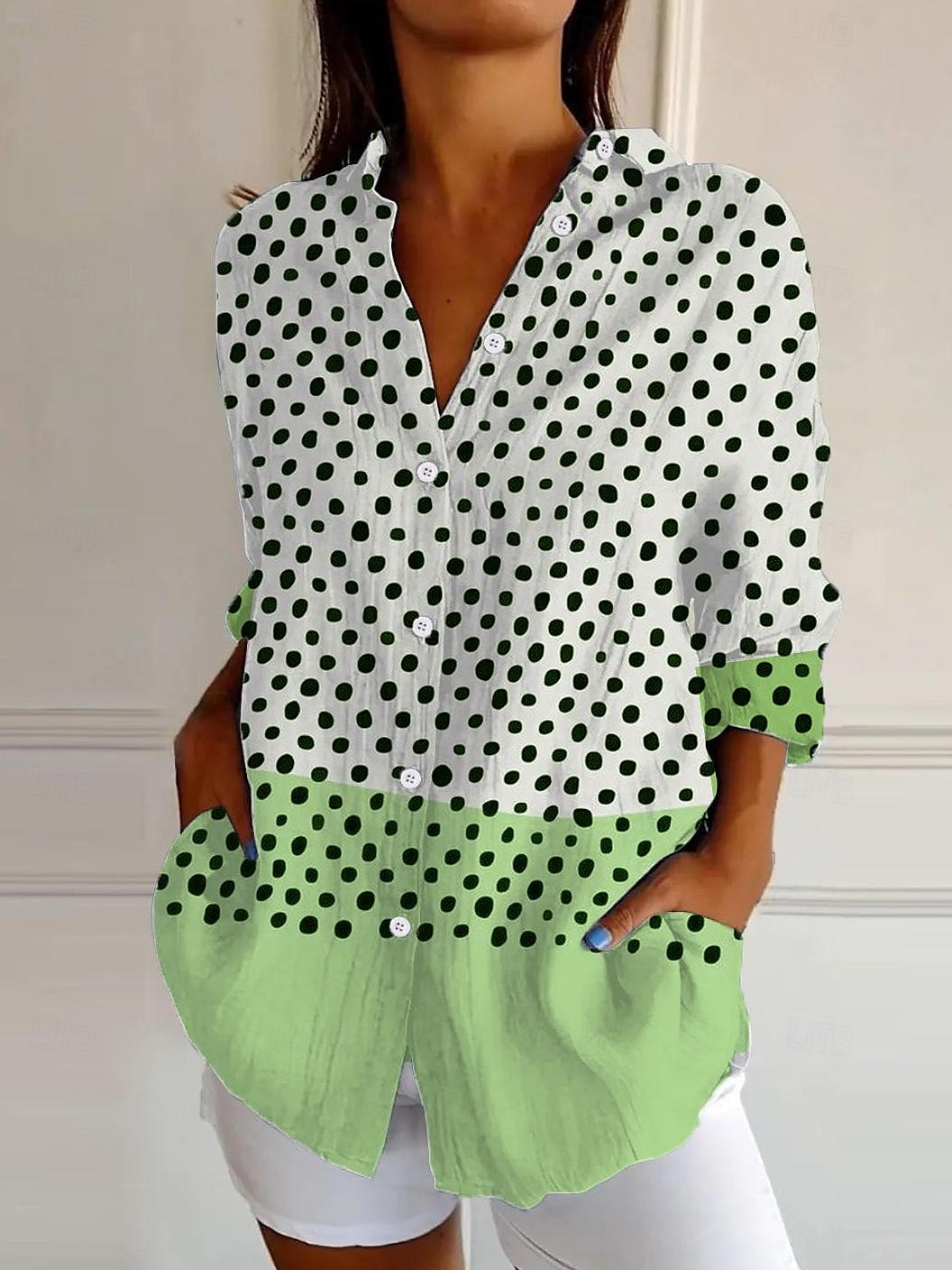 Camicia da donna a maniche lunghe bottone giù blusa grafica geometrica a pois quotidiana elegante a maniche corte colletto regolare top quotidiani verde salvia giallo blu viola estate primavera del 2025 a $32.99 –P6