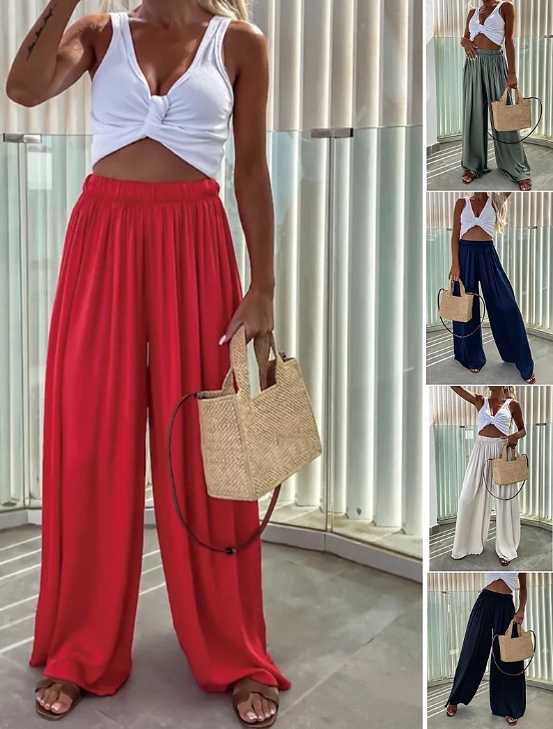 Mulheres Perna larga Calças Roupa de rua Casual Longas Cintura Alta Tecido Design de cordão elástico Corte alto Respirabilidade Macio Micro-Elástica Férias Rua Roupa Diária Preto Verde Claro Vermelho de 2025 por $17.99 –P1