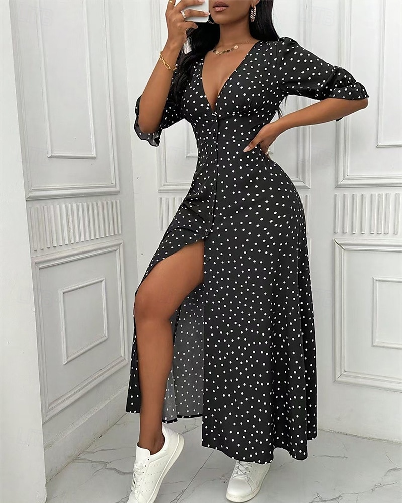 Femmes Robe Longue Maxi Robe Robe Décontractée Robe d'été Élégant Mode Extérieur Fête Date Coupe régulière À pois manche longue Col en V Noir Rouge Bleu Été Printemps de 2025 ? $30.99 –P4