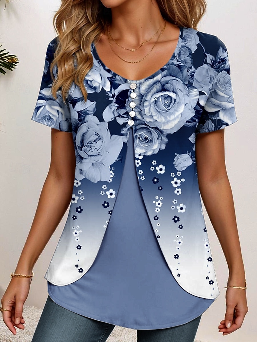 Damen T Shirt Ombre Blumen Grafik Elegant Vintage Stilvoll Kurzarm Rundhalsausschnitt Rundhals Normale Oberteile Täglich Ausgehen Patchwork Knöpfe Gestuft Staubiges Blau Fuchsie Sommer Frühling 2025 - $23.99 –P4