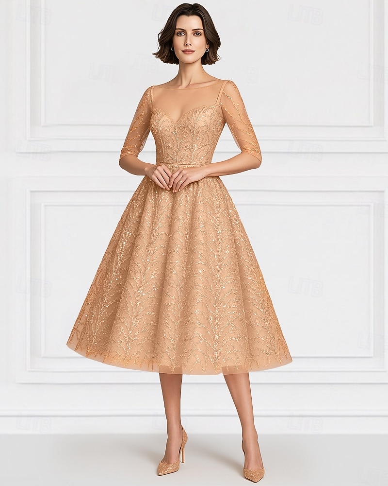 Robe mère de la mariée en A bleue élégante vintage illusion col longueur cheville en chiffon à demi-manches avec broderie de sequins de 2025 ? $148.99 –P3