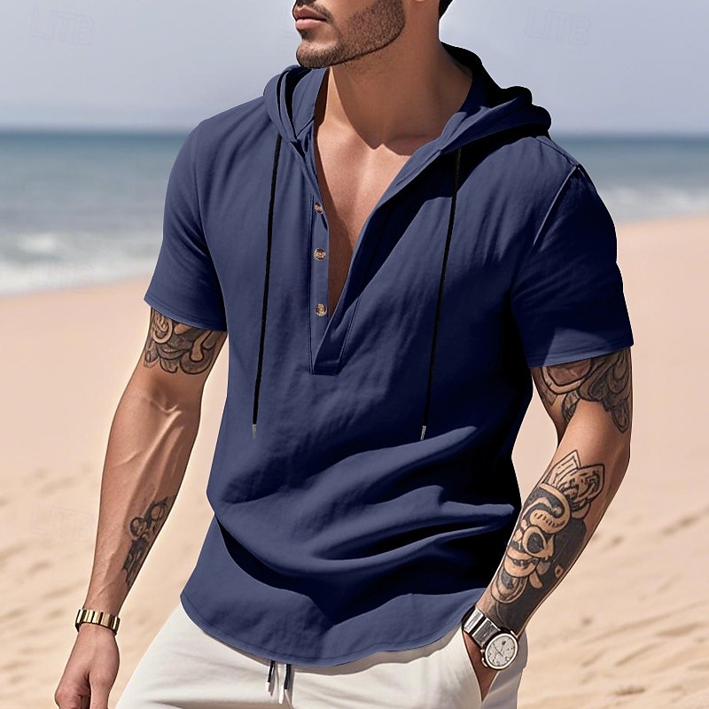 Herren Hemd Leinenhemd Popover-Hemd Freizeithemd Baumwollhemd Einfach Urlaub Straße Schwarz Weiß Gelb Marineblau Kurzarm Mit Kapuze Sommer Bekleidung Button-Down 2025 - $23.99 –P9