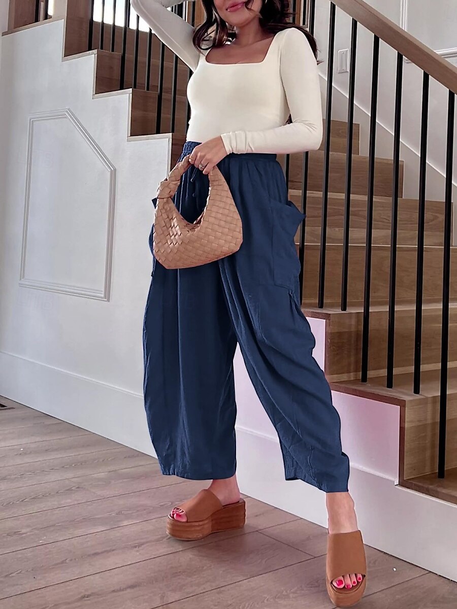 Pantalones baggy de chinos de pierna ancha para mujer Básicos Casual Largos Cintura alta Sencillos Con bolsillo Cinturilla elástica Cómodos Suaves Confortables Micro-elástico Exterior Calle Diaria 2025 - $26.99 –P3