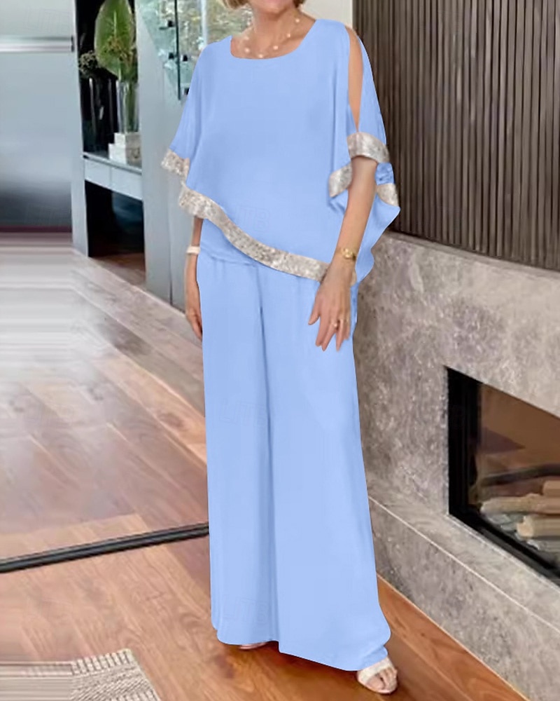 Tuta Due Pezzi Abito Madre della Sposa Elegante Vintage Semplice Scollatura Rotonda Lunghezza a Terra Chiffon Manica Mezza con Paillettes del 2025 a $99.99 –P1