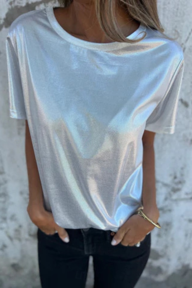 Dame Bluse عادي Moderne Kortermet Crew-hals Vanlige topper Ferie Ut på byen Svart Hvit Navyblå Lilla Gull Sommer 2025 - $18.99 –P1