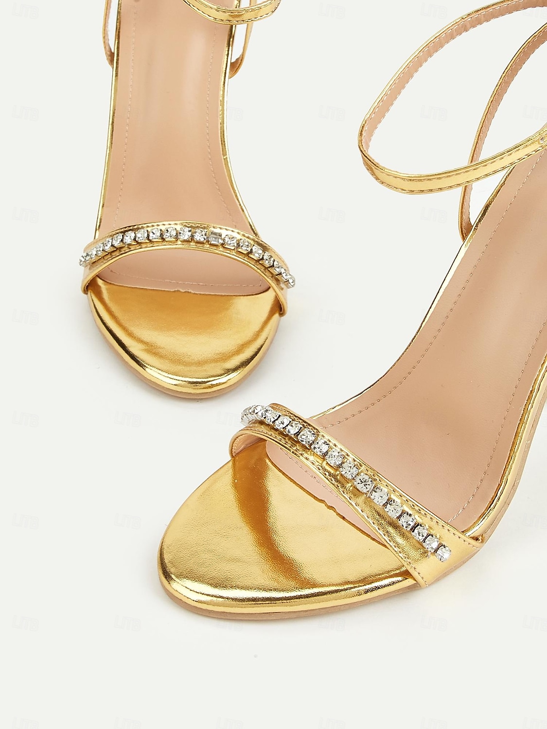 Tacones altos con tiras metálicas doradas para mujer: sandalias deslumbrantes con cristales para bailes de graduación y celebraciones especiales. 2025 - $32.99 -P4