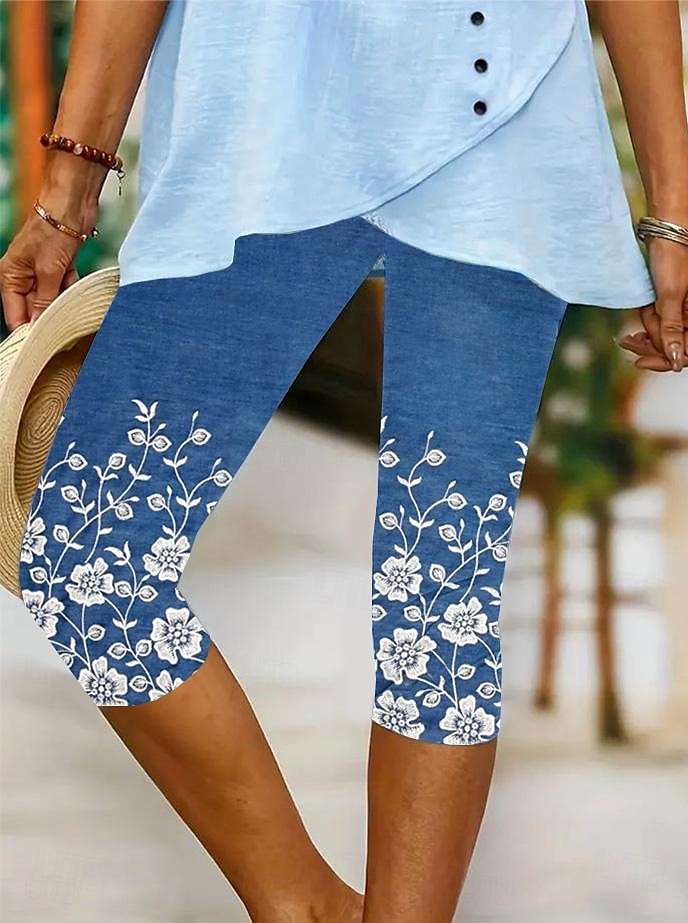 Dámské legíny capri kalhoty vysoké elasticity dovolená vintage móda délka do lýtek střední pas květinový grafický potisk prodyšné měkké dovolená volnočasové každodenní modrá barva robins egg černá 2025 - $18.99 –P4