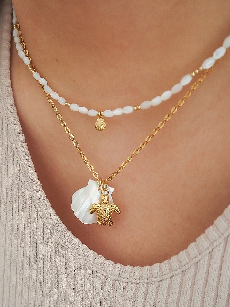 Women's Mother-of-Pearl Seashell Pendant Necklaces – Beach-Inspired Gold Chain Jewelry with Nautical Charms (Starfish, Turtle, Dolphin, Shell) for Summer Travel, Vacations & Gifts 2025 - $11.99 –P3
