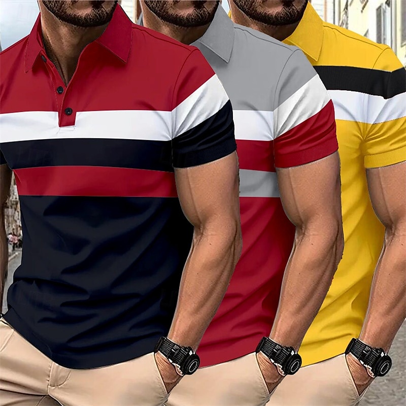 Multipack 3 par Herr Kavajslag Kort ärm Grå + röd + blå Knapp upp Polos Golftröja Golf pikétröjor Lappverk Färgblock Semester Dagliga kläder Polyester Sommar 2025 - $35.99 –P1