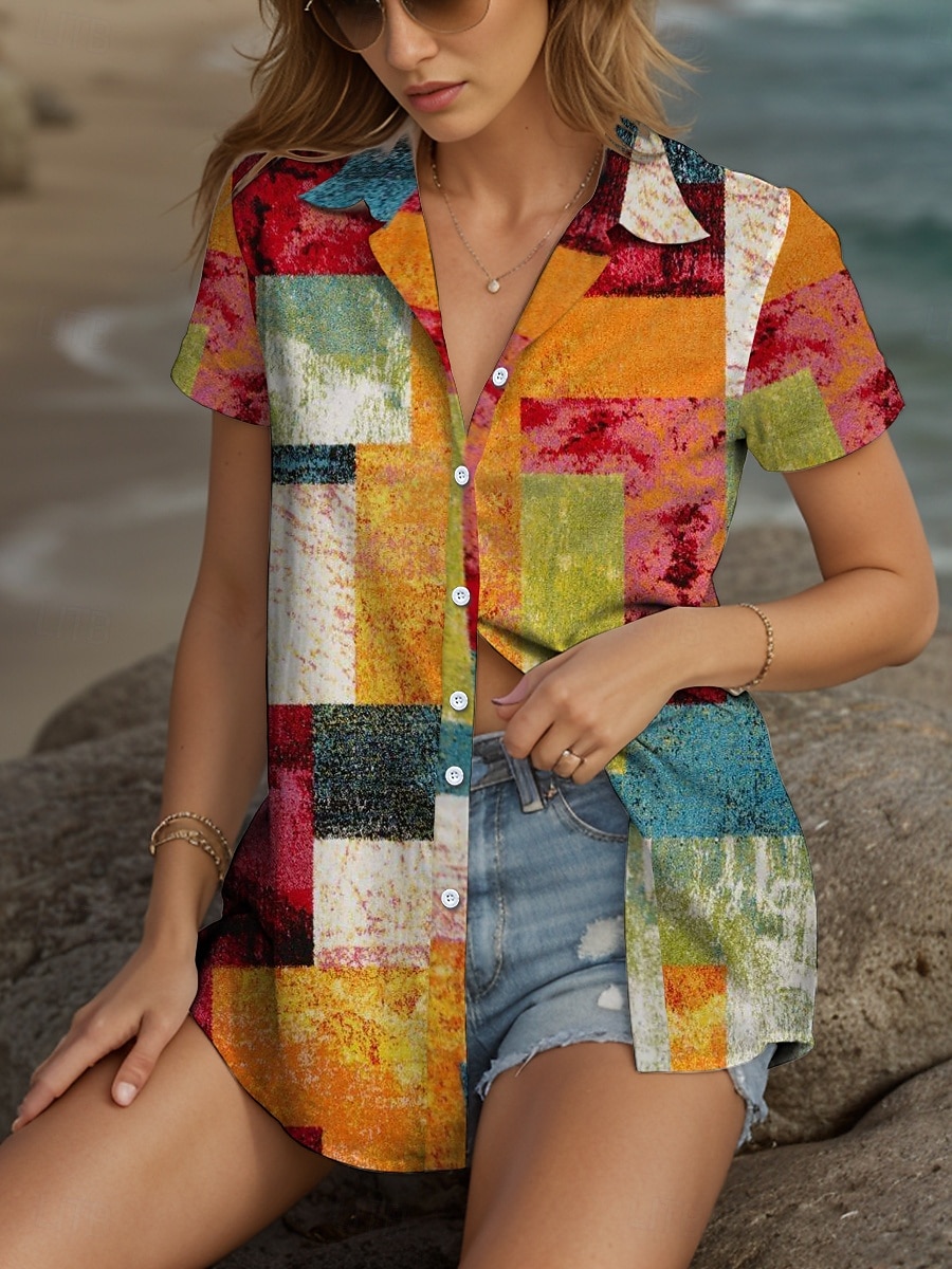 Dames Overhemd Grafisch Geometrisch Vintage Tropisch Dagelijks Korte mouw Kap Overhemdkraag Normale tops Dagelijks Rood blauw Oranje Groen Zomer Lente 2025 - $25.99 –P1