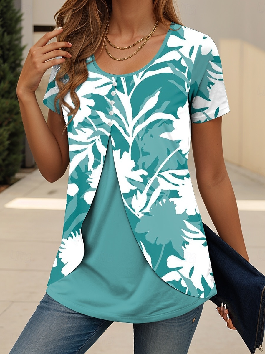 Dame T skjorte Blomstret Grafisk Elegant Årgang trendy Kortermet Crew-hals Vanlige topper Daglig Ut på byen Lapper Knapper Lag-på-lag Blå Lilla Grønn Sommer Vår 2025 - $23.99 –P4