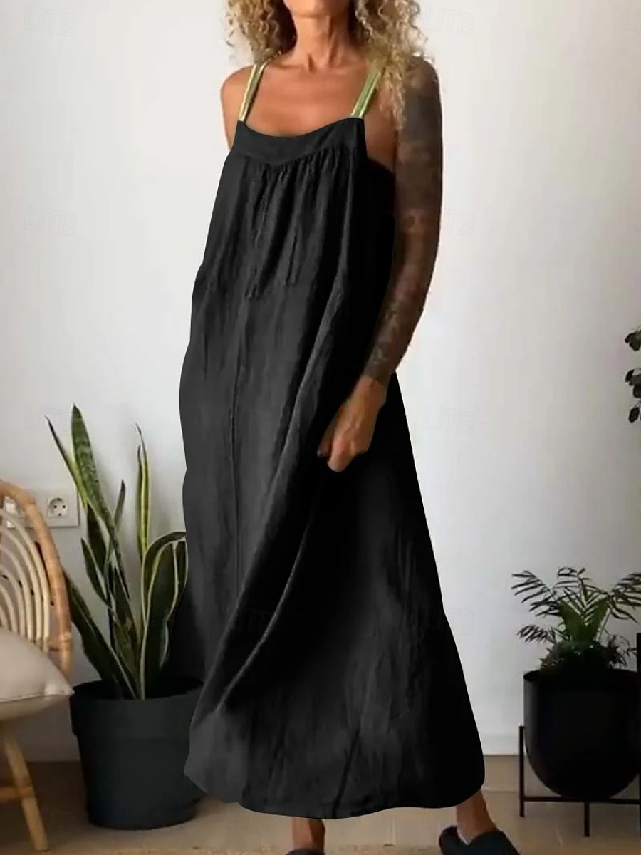 Maxi abito da donna abito estivo abito a sottoveste casual quotidiano vestibilità regolare grafico in lino simile senza maniche spalline nere bianche blu khaki estate del 2025 a $32.99 –P6