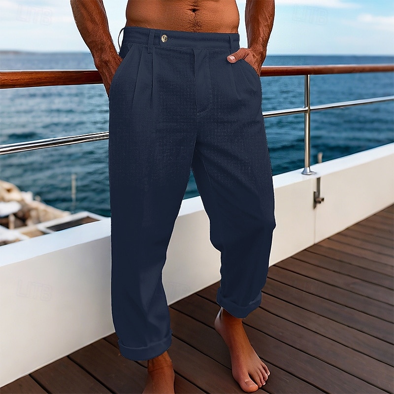 Herr Linne Byxor Långbyxor Sommarbyxor Strandbyxor Ficka Slät Komfort Andningsfunktion Semester Dagligen Helgdag Hawaiisk Boho gurkmeja Svart 2025 - $22.99 –P2
