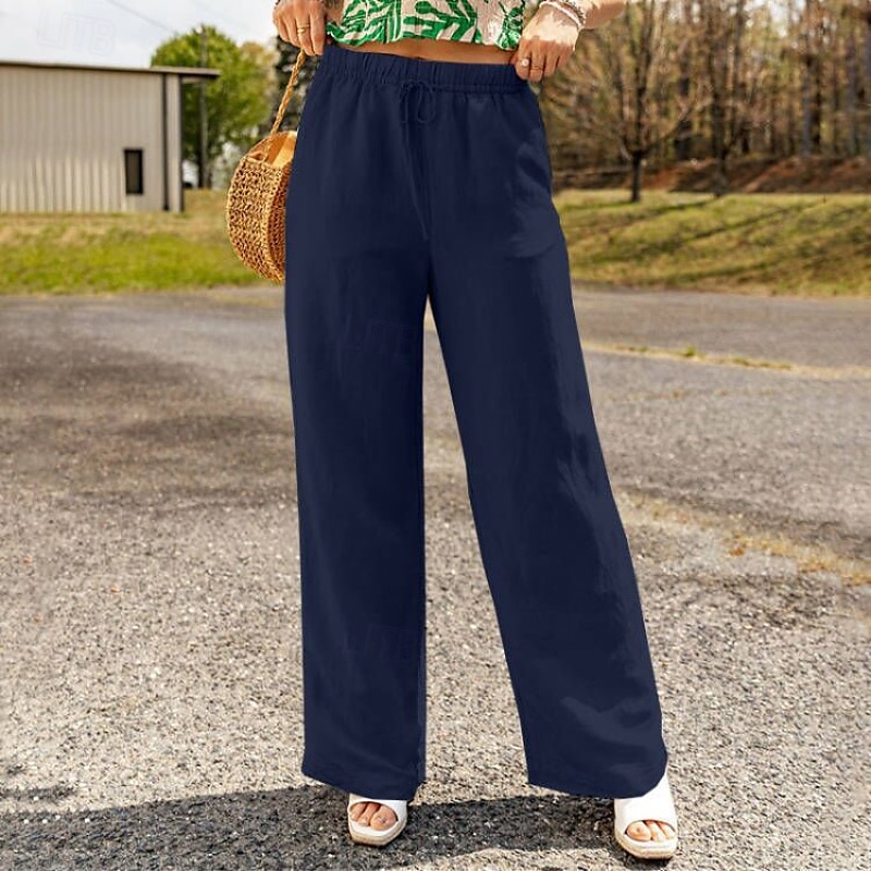 Mulheres Calças de linho de algodão Calças Roupa de rua Casual Comprimento total Natural Tecido Design de cordão elástico Confortável Exterior Roupa Diária Final de semana Preto Azul Marinho Escuro de 2025 por $25.99 –P5