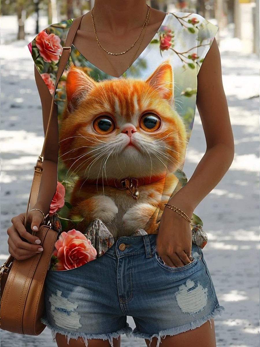 Dame Skjorte Bluse Blad Katt Stilfull Fritid Ermeløs Med stropper Vanlige topper Daglig Trykt mønster Gul Lysebrun Blå Grønn Sommer Vår 2025 - $17.99 –P3