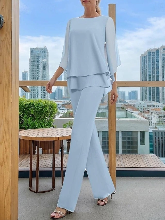 Two Piece Mother of the Bride Dress Elegant Simple Minimalist Crew Neck Floor Length Chiffon Half Sleeve with Cascading Ruffles 2025 2025 - $124.99 –P1