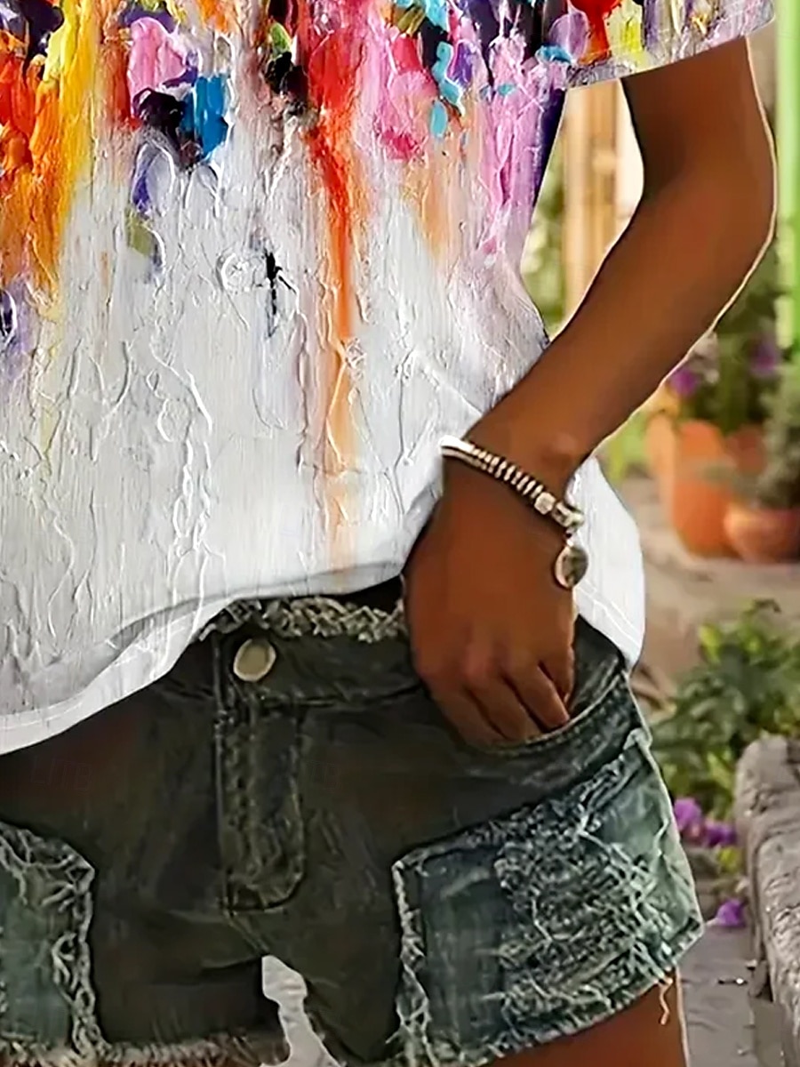 Pentru femei Tricou Ombre Grafic Abstract Epocă Stilat Clasic Manșon scurt Stil Nautic Topuri obișnuite Zilnic Sfârșit de săptămână Costum de plajă Imprimeu Curcubeu Vară Primăvară 2025 - $19.99 –P3