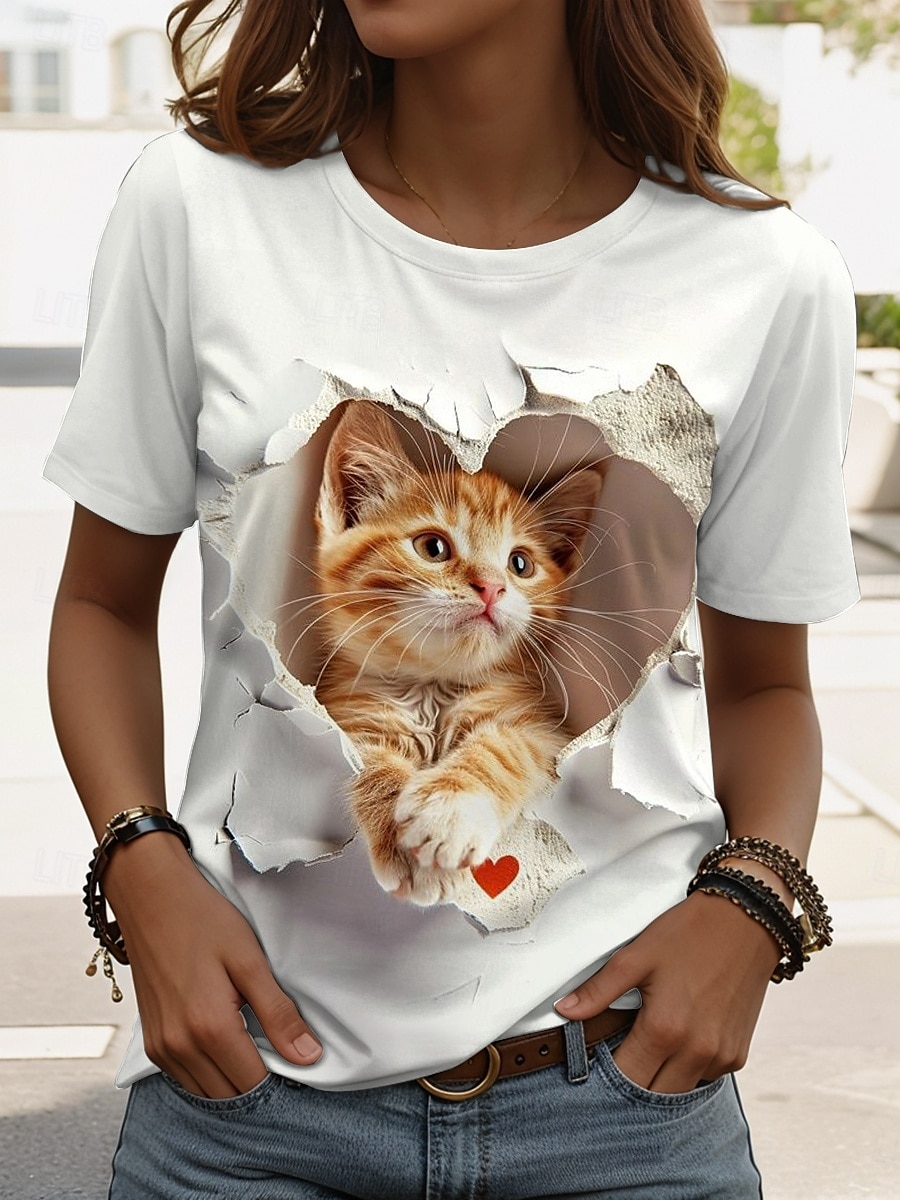 Dame T skjorte Grafisk Katt Stilfull Klassisk Fritid Kortermet Crew-hals Vanlige topper Daglig Helg Trykt mønster Hvit Rosa Blå Sommer Vår 2025 - $19.99 –P4