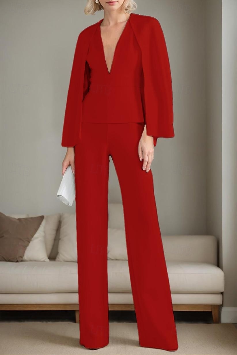 zweiteiliger Overall/Hosenanzug, Kleid für die Brautmutter, elegant, minimalistisch, lässig, tiefer Ausschnitt, bodenlang, Polyester, lange Ärmel, mit Jacke und Schlitz, 2025 2025 - $149.99 –P4