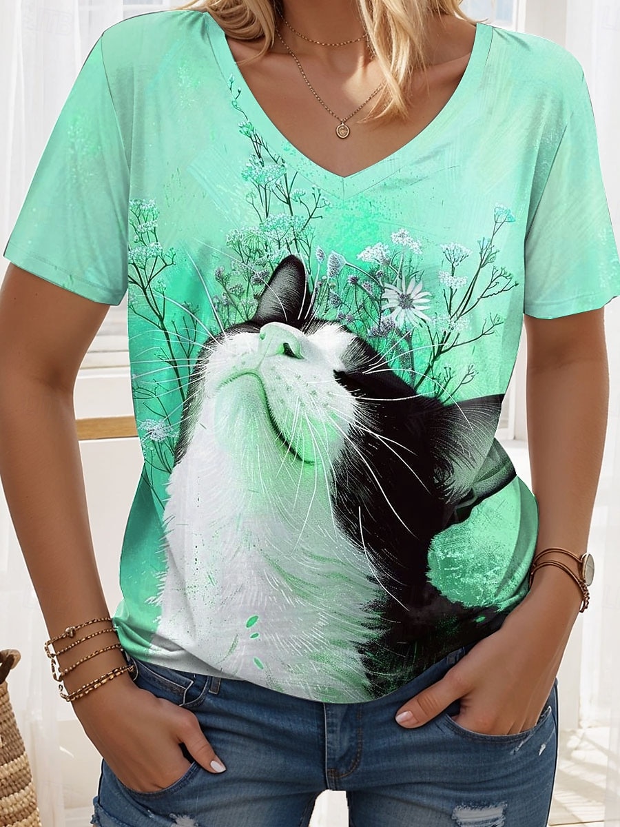 Dam T-shirt Grafisk Djur Katt Vintage Stylish Klassisk Kortärmad V-hals Vanliga toppar Dagligen Mönster Rodnande Rosa Blå Orange Grön Sommar Vår 2025 - $19.99 –P5