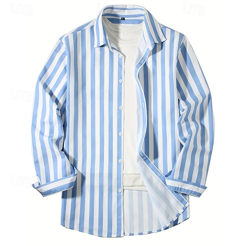 Men's Shirt Summer Shirt Casual Shirt Beach Shirt Button Up Shirt Black Pink Sky Blue Gray Long Sleeve Stripe Lapel Vacation Hawaiian Button-Down Clothing Apparel Polyester Fashion Casual Comfortable 2025 - $28.99 –P1