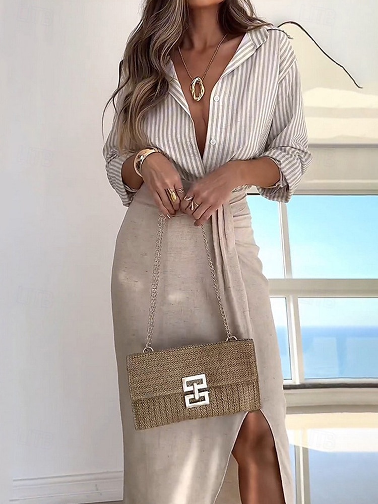 Damen-Umhängetasche aus gewebtem Stroh mit goldenem Kettenriemen – elegante Sommer-Clutch für Strand-, Urlaubs- und Resort-Outfits 2025 - $19.99 –P4