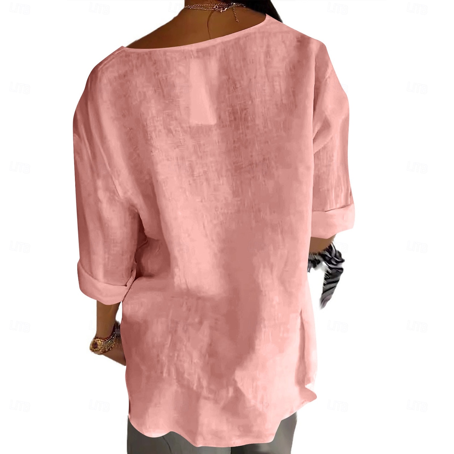 Women's Cotton Linen Blouse Solid Color Elegant Stylish Casual 3/4 Length Sleeve V Neck Regular Tops Daily Holiday Buttons Black White Pink Blue Beige Summer Spring 2025 - $17.99 –P11