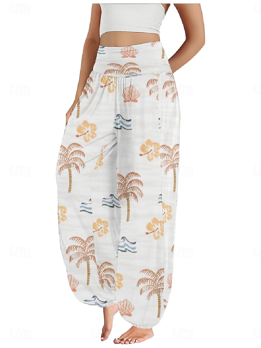 Dam Linneinspirerade byxor Brett skaft Byxor Etnisk Stil Ledigt Boho Fullängd Hög midja Blommig Ficka Elastisk midja Tryck Mateial som andas Mjuk Microelastisk Utomhus Yoga Vit Gul Rosa Purpur Sommar 2025 - $21.99 –P13
