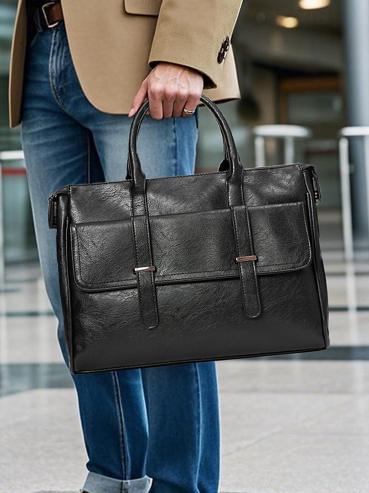 mäns portfölj i svart läder - stor affärsväska med övre handtag och laptopfack, professionell kontorsväska för arbete och möten 2025 - $46.99 –P2