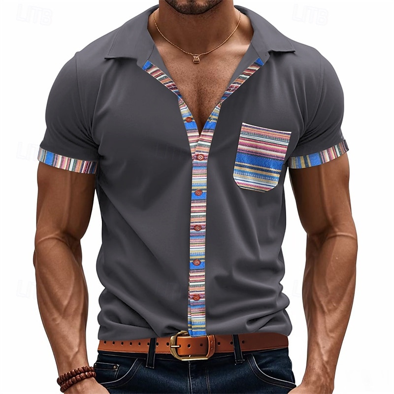 Per uomo Camicia Camicia Estiva Camicia casual Camicia da Spiaggia Camicia con Bottoni Nero Bianco Kaki Grigio chiaro Grigio scuro Manica Corta A righe Bavero Vacanza Camicia hawaiana Tasca del 2025 a $24.99 –P7