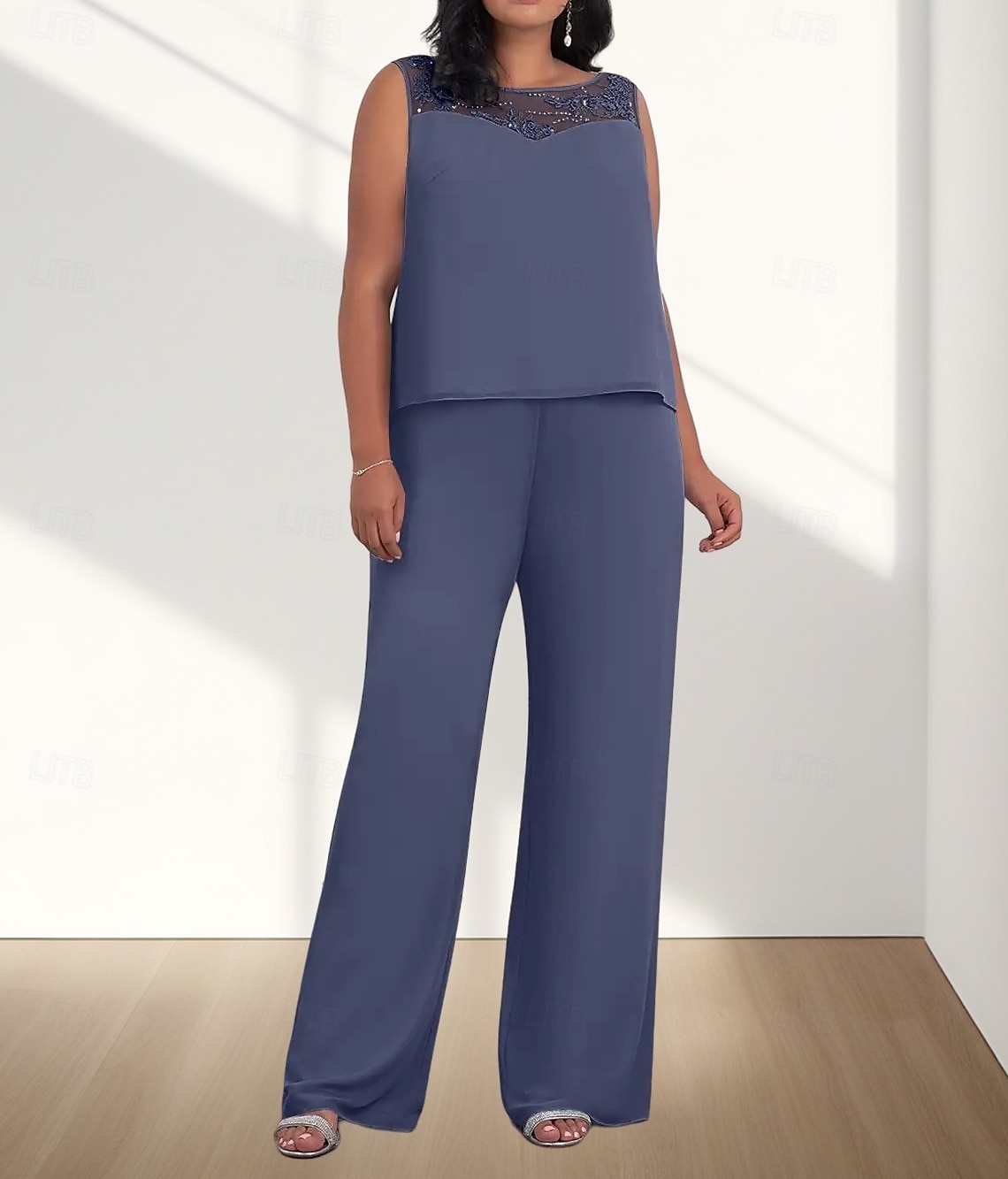 Jumpsuit  Buksedress 3 Delt Mor til bruden Kjole Bryllupsgjest Elegant Ledig Rund Utringning Gulvlengde Chiffon 3/4 Lengde Ermer med Perleapplikasjoner 2025 - $169.99 –P3
