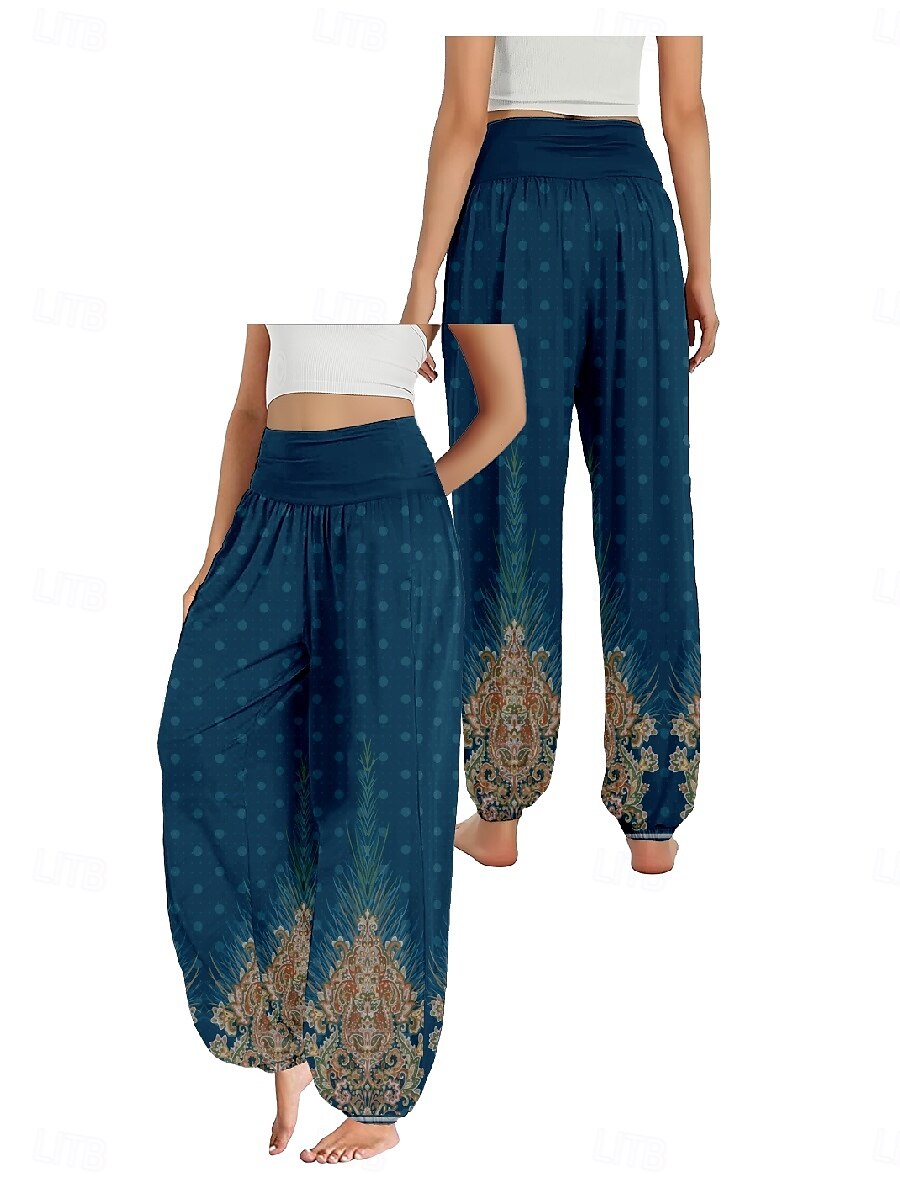 Dam Linneinspirerade byxor Brett skaft Byxor Etnisk Stil Ledigt Boho Fullängd Hög midja Grafiska tryck Ficka Elastisk midja Tryck Mateial som andas Mjuk Microelastisk Utomhus Yoga Svart Blå Purpur 2025 - $21.99 –P12
