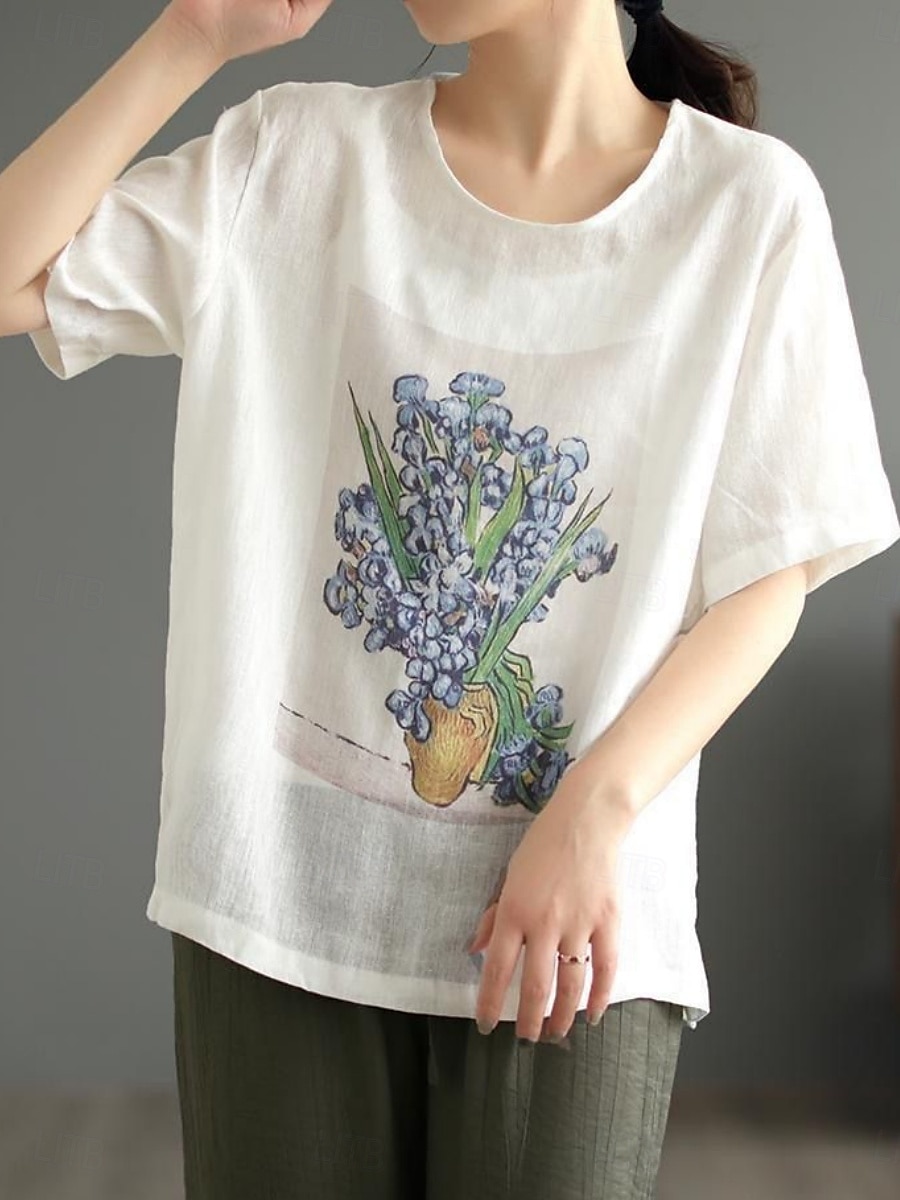 Dame Skjorte Blomstret Grafisk Grunnleggende Fritid Halvlange ermer Crew-hals Vanlige topper Daglig Trykt mønster Hvit Gul Beige Sommer 2025 - $14.99 –P11