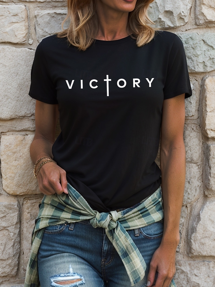 Femmes T-shirt Chemise en coton Graphique Lettre ancien Élégant Classique Manche Courte Col ras du cou Col rond Hauts Réguliers Quotidien Imprimé Noir Blanche Gris Été Printemps de 2025 ? $19.99 –P4