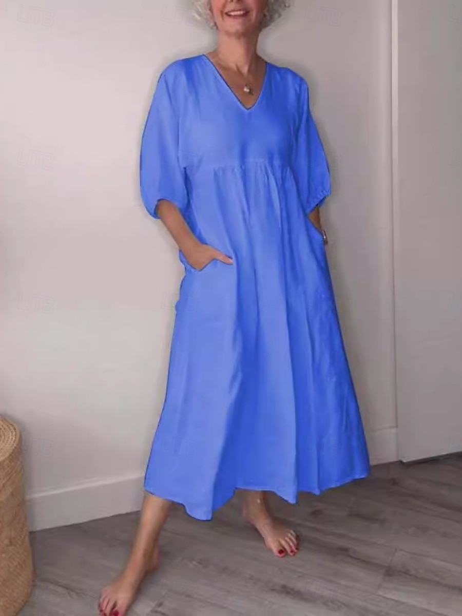 Women's Maxi Dress A Line Dress Linen Summer Dress Casual Daily Regular Fit Graphic 3/4 Length Sleeve V Neck Black White Blue Gray Summer 2025 - $36.99 –P5