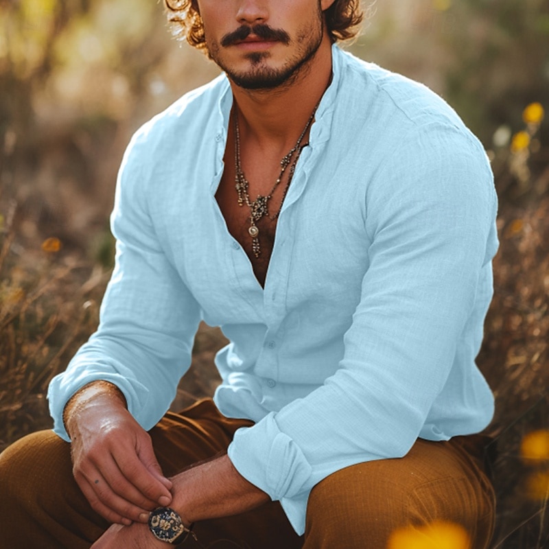 Per uomo Camicia Camicia con colletto alla coreana Camicia Estiva Abbigliamento da spiaggia Camicia casual Camicia con Bottoni Semplice Vacanza Ferie Bianco Azzurro cielo Verde Cachi Manica Lunga del 2025 a $23.99 –P6