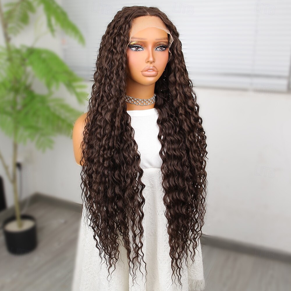 Peruca sintética Deep Curly Estilo 32 polegada Rosa Parte do meio 13x4x1 T Parte Frente de renda Peruca Mulheres Peruca Castanho Escuro de 2025 por $70.99 –P4