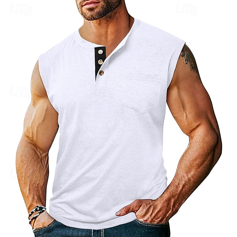 Herren Tank Top Weste Unterhemd Ärmelloses Shirt Ärmellos Henley Sommer Einfach Mode Designer Basic Klassisch Urlaub Straße Ausgehen Schwarz Weiß Dunkelmarine Top T-Shirt für Herren 2025 - $19.99 –P6