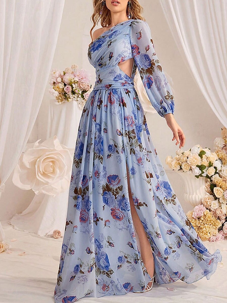 Brautjungfernkleider A-Linie Ein-Schulter Langarm Bodenlang Chiffon Brautkleider Mit Falten Floralprint 2025 - $79.99 –P3