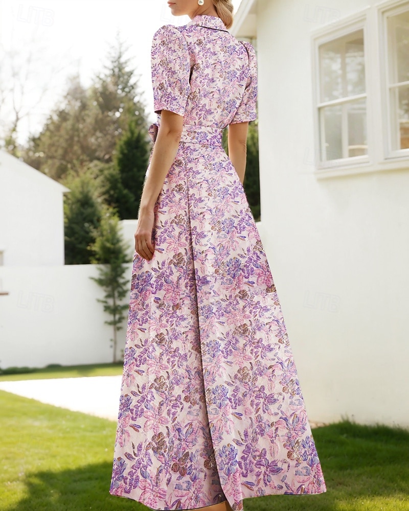 Jacquard Brokade Blomstret A-Linje Kvelds kjole Elegant Kjole Formell Bryllup Gulvlengde Kort Erme Skjortekrage Nylon med Splitt Lomme Bryllupsgjest Kjole 2025 - $148.99 –P5