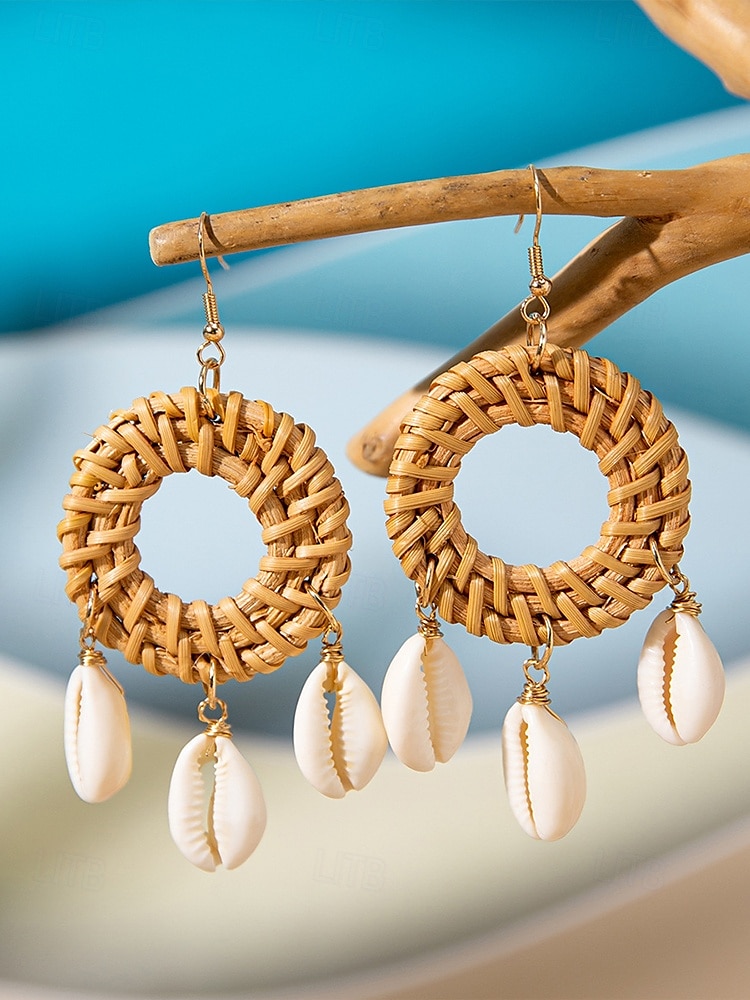 boho shell drop fülbevaló nőknek – kézzel készített rattan kör alakú lógó fülbevaló természetes cowrie kagylóval, könnyű tengerparti ékszerek nyári vakációhoz és tengerparti ruhák 2025 - $7.99 –P3
