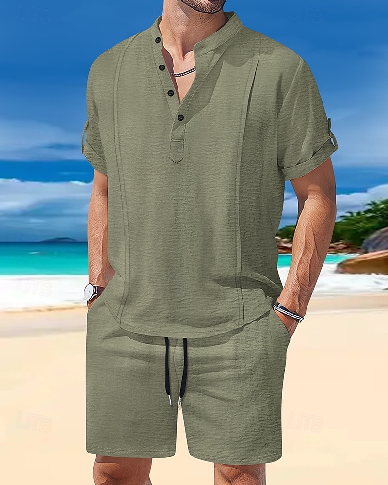 Men's T-shirt Suits 2 Pieces Outfits Tee & Shorts Short Sleeve Henley Summer Plain Fashion Casual 2 Piece Vacation Daily Wear Going out White Royal Blue Brown Top Tee for Men 2025 - $35.99 –P4