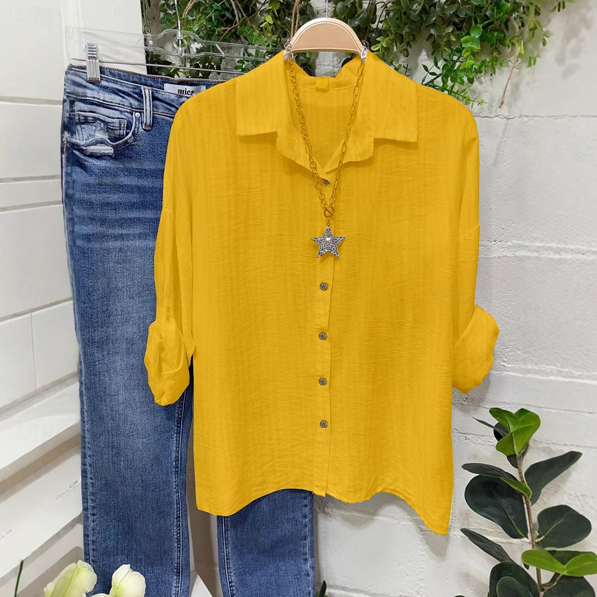 Damen Bluse aus Baumwolle und Leinen, einfarbig, elegant, stilvoll, lässig, langärmelig, V-Ausschnitt, normale Oberteile, Alltag, Urlaub, Knöpfe, weiß, gelb, rosa, blau, grau, Sommer, Frühling 2025 - $22.99 –P3