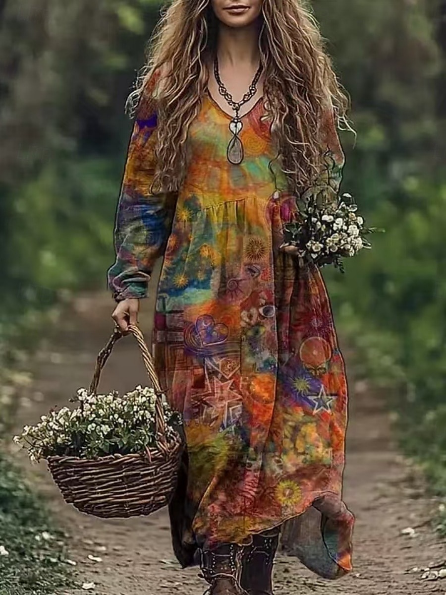 Damskie Długa sukienka sukienka maxi Codzienne sukienki Letnie sukienki Sukienka Boho Plemienny Urlop Codzienny Regularny Kwiaty Długi rękaw W serek Czarny Rumiany róż Burgundowy Niebieski Lato 2025 - $22.99 –P1